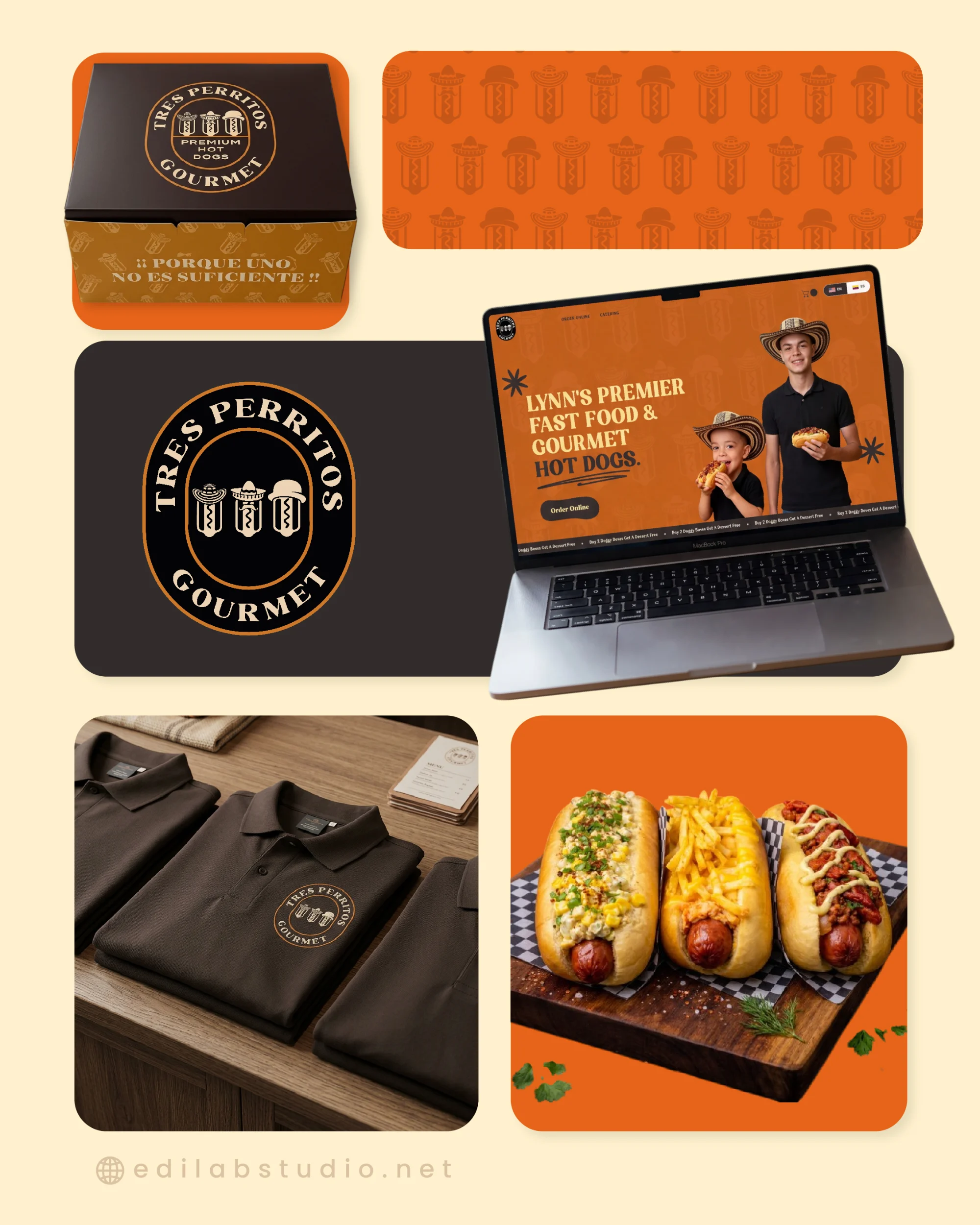 Tres Perritos Gourmet — Brand identity, packaging, apparel, website by Edilab