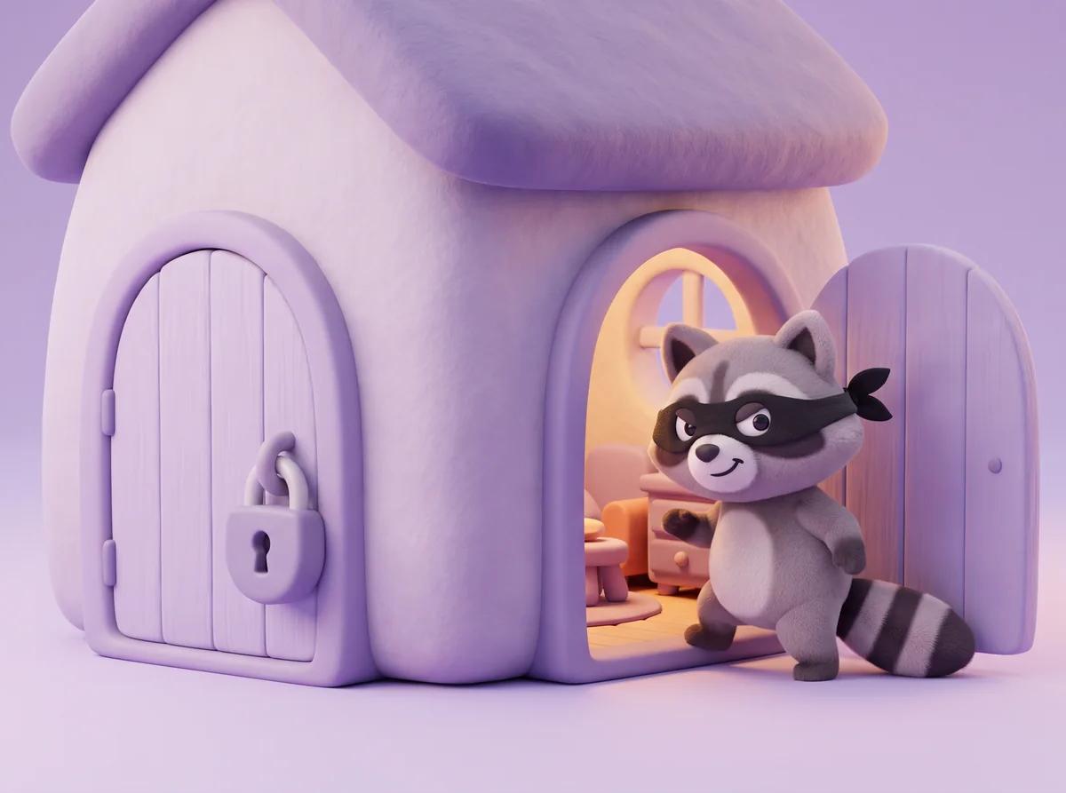 A toy house with a locked front door and an open back door, with a raccoon sneaking in