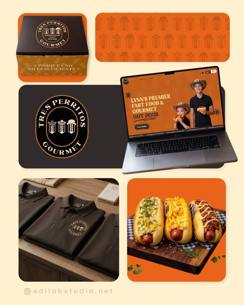 Tres Perritos Gourmet — Brand identity, packaging, apparel, website by Edilab